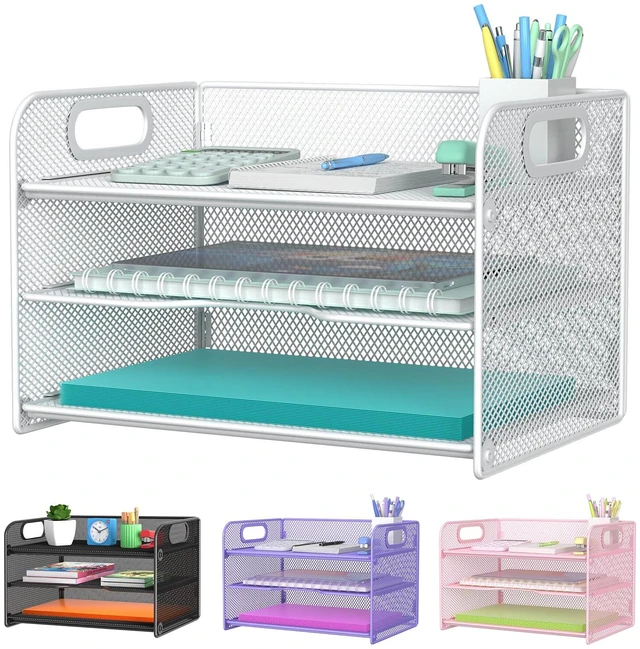 Main image of 3 Tier White Letter Tray Paper Organizer with Handle, Mesh Desk Organizer Paper Sorter File Rack Shelves, White