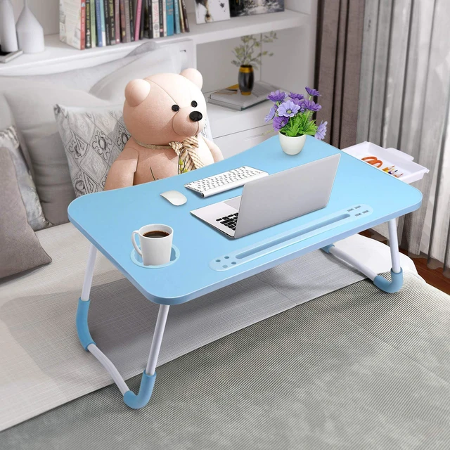Alt view image 3 of 7 - Bed Desk for Laptop and Writing with Storage, Cup Holder, Light Fan, Pen Holder,Tablet Holder,Foldable, for Bed, Couch, Floor, Portable, Blue