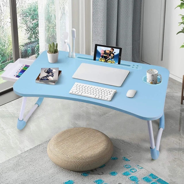 Alt view image 4 of 7 - Bed Desk for Laptop and Writing with Storage, Cup Holder, Light Fan, Pen Holder,Tablet Holder,Foldable, for Bed, Couch, Floor, Portable, Blue