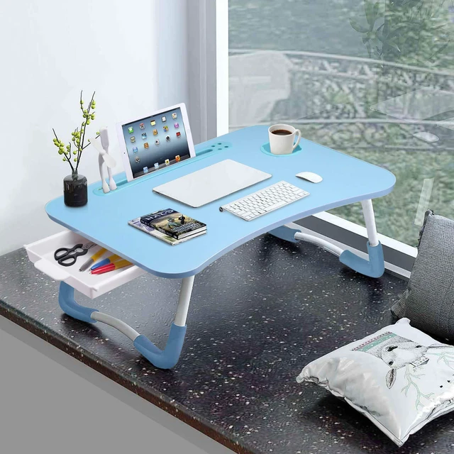 Alt view image 2 of 7 - Bed Desk for Laptop and Writing with Storage, Cup Holder, Light Fan, Pen Holder,Tablet Holder,Foldable, for Bed, Couch, Floor, Portable, Blue