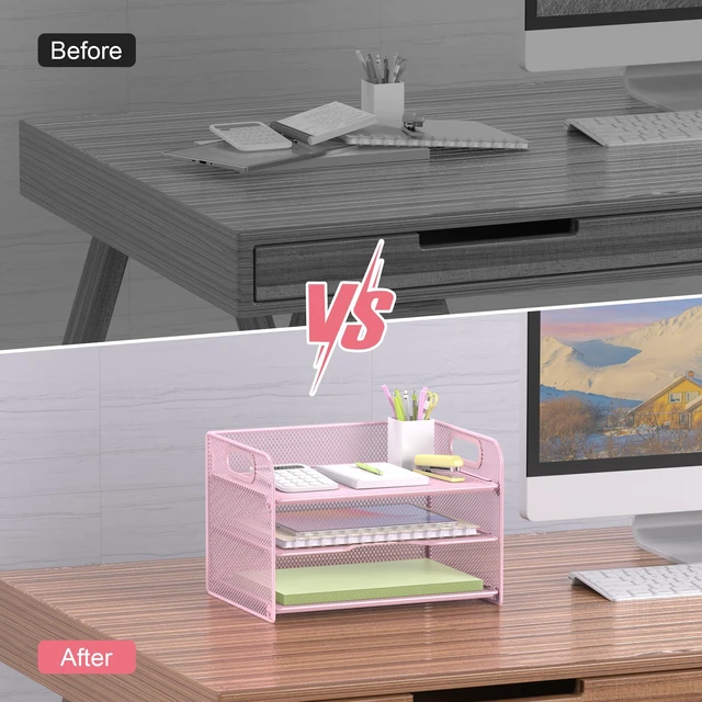 Alt view image 5 of 6 - 3 Tier Pink Letter Tray Paper Organizer with Handle, Mesh Desk Organizer Paper Sorter File Rack Shelves, Pink