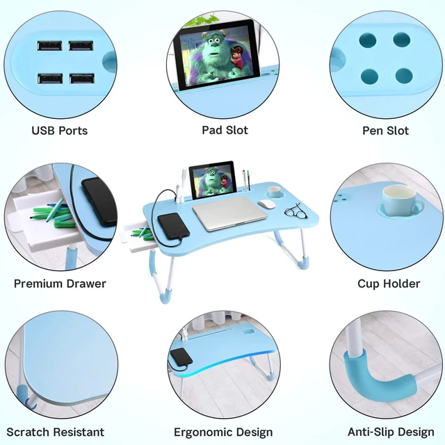 Alt view image 5 of 7 - Bed Desk for Laptop and Writing with Storage, Cup Holder, Light Fan, Pen Holder,Tablet Holder,Foldable, for Bed, Couch, Floor, Portable, Blue