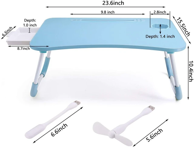 Alt view image 6 of 7 - Bed Desk for Laptop and Writing with Storage, Cup Holder, Light Fan, Pen Holder,Tablet Holder,Foldable, for Bed, Couch, Floor, Portable, Blue