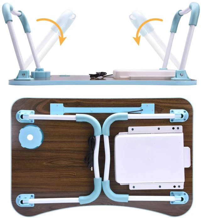 Alt view image 7 of 7 - Bed Desk for Laptop and Writing with Storage, Cup Holder, Light Fan, Pen Holder,Tablet Holder,Foldable, for Bed, Couch, Floor, Portable, Blue