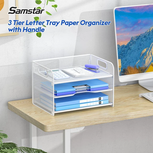 Alt view image 2 of 6 - 3 Tier White Letter Tray Paper Organizer with Handle, Mesh Desk Organizer Paper Sorter File Rack Shelves, White