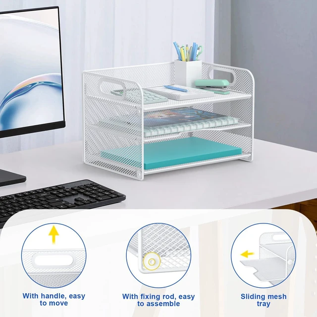Alt view image 3 of 6 - 3 Tier White Letter Tray Paper Organizer with Handle, Mesh Desk Organizer Paper Sorter File Rack Shelves, White