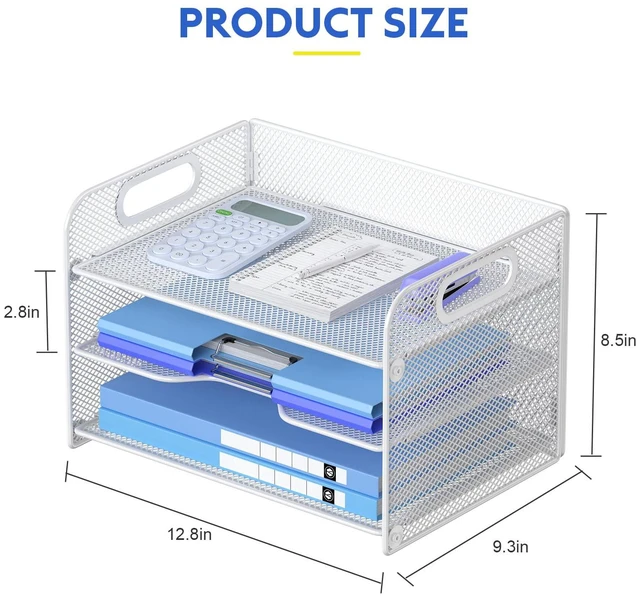 Alt view image 4 of 6 - 3 Tier White Letter Tray Paper Organizer with Handle, Mesh Desk Organizer Paper Sorter File Rack Shelves, White
