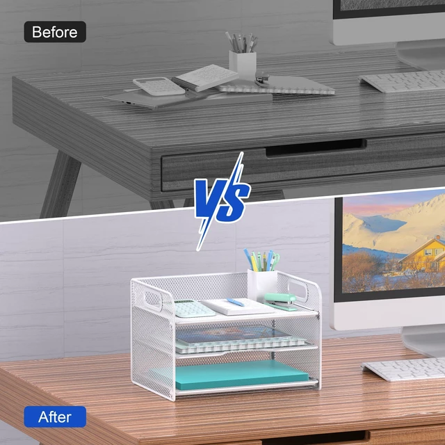 Alt view image 5 of 6 - 3 Tier White Letter Tray Paper Organizer with Handle, Mesh Desk Organizer Paper Sorter File Rack Shelves, White