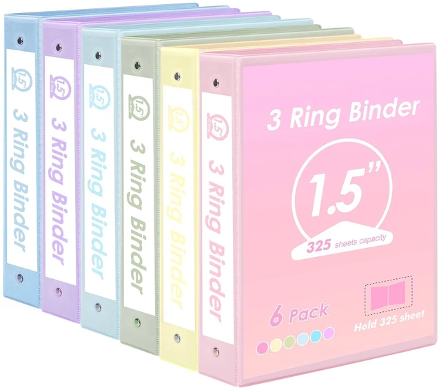 Main image of 6 Pack 3 Ring Binders 1.5 inch, Three Round Ring 1.5'' Binders with 2 Pockets Interior, 6 Assorted Pastel Color, Fits 8.5'' x 11'' Letter Size Paper for School Office Supplies