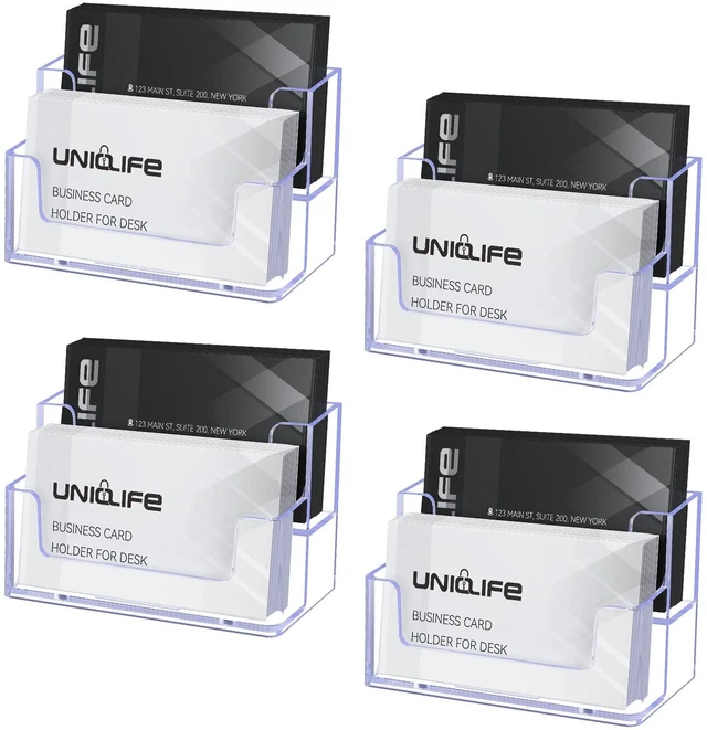 Main image of 4 Pack Acrylic Business Card Holder for Desk, 120 Card Capacity 2 Slots Clear Business Card Display Stand for Men Women Desktop Business Card Organizer Card Stand for Office Home Exhibition