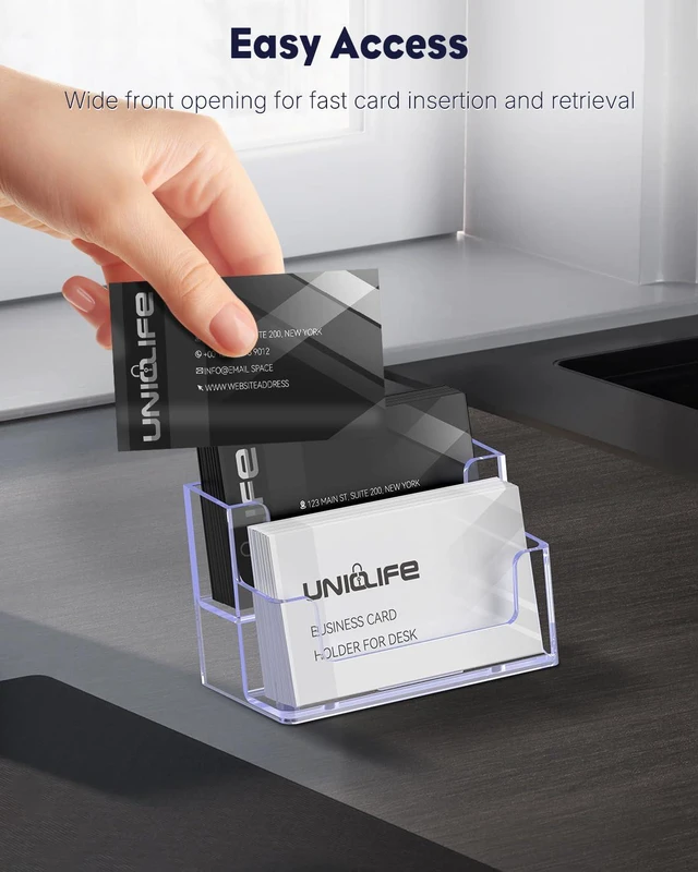 Alt view image 3 of 7 - 4 Pack Acrylic Business Card Holder for Desk, 120 Card Capacity 2 Slots Clear Business Card Display Stand for Men Women Desktop Business Card Organizer Card Stand for Office Home Exhibition