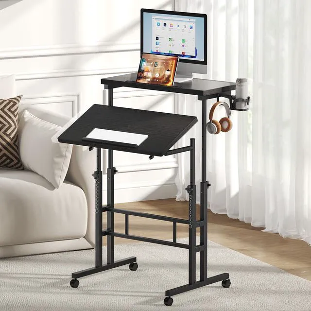 Main image of Rolling Standing Desk, Walking Pad Desk, Split Top Computer Cart Standing Desk with Wheels, Adjustable Height Sit Stand Computer Table, Mobile Laptop Workstation for Home Office, Black