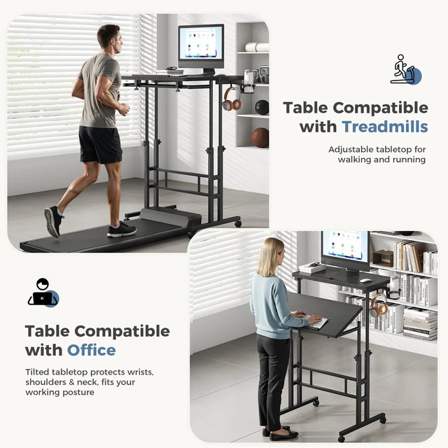 Alt view image 2 of 7 - Rolling Standing Desk, Walking Pad Desk, Split Top Computer Cart Standing Desk with Wheels, Adjustable Height Sit Stand Computer Table, Mobile Laptop Workstation for Home Office, Black