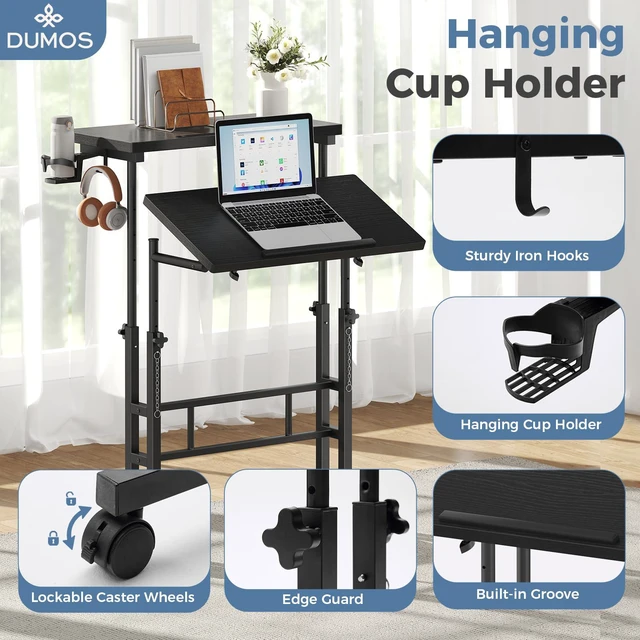 Alt view image 3 of 7 - Rolling Standing Desk, Walking Pad Desk, Split Top Computer Cart Standing Desk with Wheels, Adjustable Height Sit Stand Computer Table, Mobile Laptop Workstation for Home Office, Black