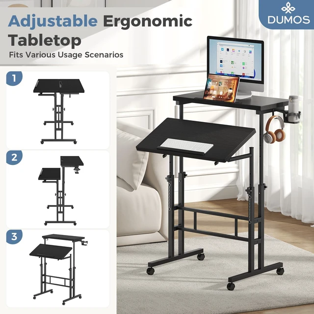 Alt view image 4 of 7 - Rolling Standing Desk, Walking Pad Desk, Split Top Computer Cart Standing Desk with Wheels, Adjustable Height Sit Stand Computer Table, Mobile Laptop Workstation for Home Office, Black