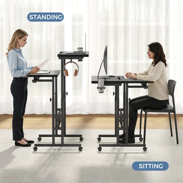 Alt view image 5 of 7 - Rolling Standing Desk, Walking Pad Desk, Split Top Computer Cart Standing Desk with Wheels, Adjustable Height Sit Stand Computer Table, Mobile Laptop Workstation for Home Office, Black
