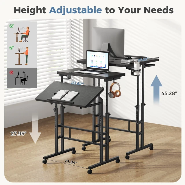 Alt view image 6 of 7 - Rolling Standing Desk, Walking Pad Desk, Split Top Computer Cart Standing Desk with Wheels, Adjustable Height Sit Stand Computer Table, Mobile Laptop Workstation for Home Office, Black