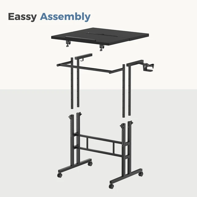 Alt view image 7 of 7 - Rolling Standing Desk, Walking Pad Desk, Split Top Computer Cart Standing Desk with Wheels, Adjustable Height Sit Stand Computer Table, Mobile Laptop Workstation for Home Office, Black