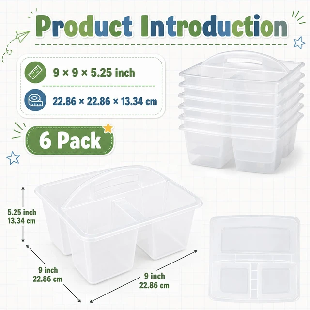 Alt view image 2 of 7 - 6 Pack Classroom Caddy with Handle Plastic Storage Caddy Organizer with 3 Compartments Desk Caddies Holder Portable Storage Bin for Pencil, Crayon, Marker, Home, Office, School Supply(Clear)