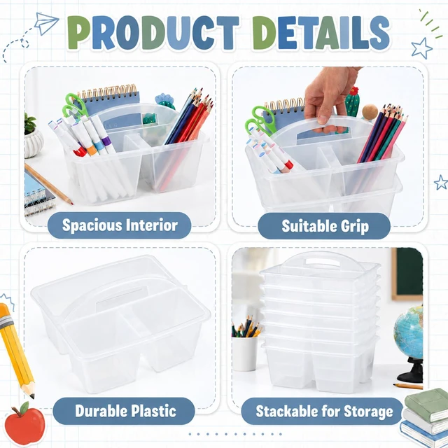 Alt view image 3 of 7 - 6 Pack Classroom Caddy with Handle Plastic Storage Caddy Organizer with 3 Compartments Desk Caddies Holder Portable Storage Bin for Pencil, Crayon, Marker, Home, Office, School Supply(Clear)