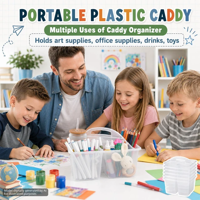 Alt view image 5 of 7 - 6 Pack Classroom Caddy with Handle Plastic Storage Caddy Organizer with 3 Compartments Desk Caddies Holder Portable Storage Bin for Pencil, Crayon, Marker, Home, Office, School Supply(Clear)
