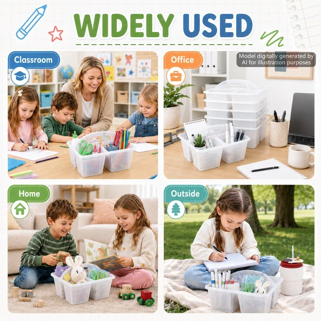 Alt view image 6 of 7 - 6 Pack Classroom Caddy with Handle Plastic Storage Caddy Organizer with 3 Compartments Desk Caddies Holder Portable Storage Bin for Pencil, Crayon, Marker, Home, Office, School Supply(Clear)