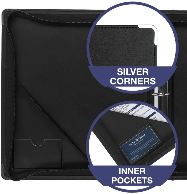 Alt view image 3 of 7 - Classic Collection Leather Zipper Binder, Executive Presentation Portfolio, 2 Inch Round Ring (Holds 425 Sheets), Silver Corner Accents, Black