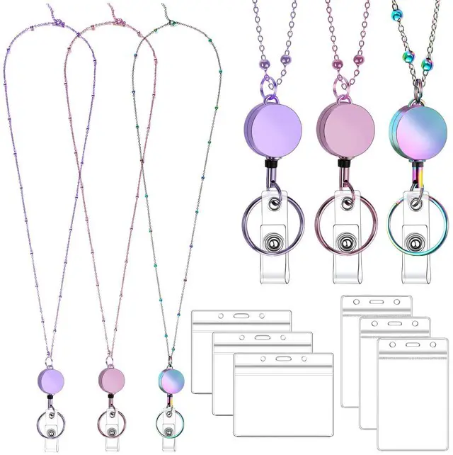 Main image of 3 Pack Badge Lanyards with Retractable Reels and 6 Id Holders Stainless Steel Lanyards, 33.5 In Length, 13.5 In Retractable Reel, Waterproof Holders, 3 Colors, For Teachers And Staff