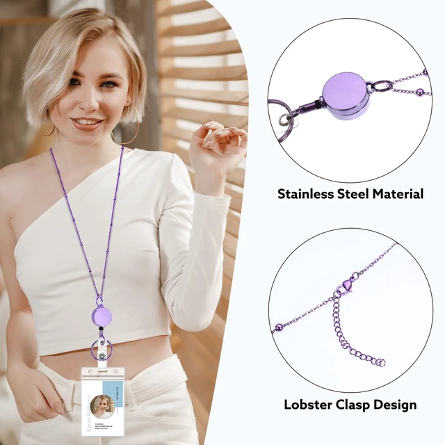 Alt view image 3 of 7 - 3 Pack Badge Lanyards with Retractable Reels and 6 Id Holders Stainless Steel Lanyards, 33.5 In Length, 13.5 In Retractable Reel, Waterproof Holders, 3 Colors, For Teachers And Staff