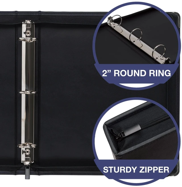 Alt view image 4 of 7 - Classic Collection Leather Zipper Binder, Executive Presentation Portfolio, 2 Inch Round Ring (Holds 425 Sheets), Silver Corner Accents, Black