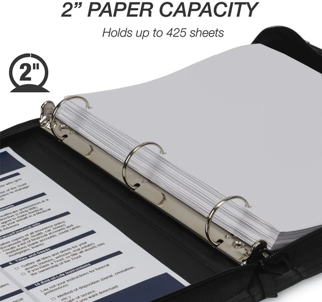 Alt view image 5 of 7 - Classic Collection Leather Zipper Binder, Executive Presentation Portfolio, 2 Inch Round Ring (Holds 425 Sheets), Silver Corner Accents, Black