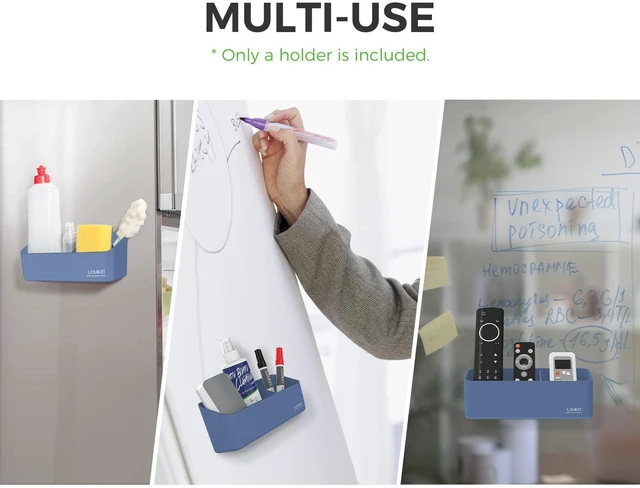 Alt view image 5 of 7 - Magnetic & Adhesive Marker Holder, Whiteboard Accessory Tray, Blue 8.6" × 2.7", Holds 4 Erasers and 12 Markers, Supports up to 3.3 lb, 2 Mounting Options, Fits Glass and Refrigerators