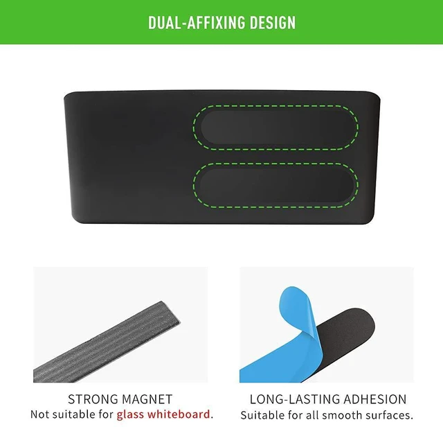 Alt view image 4 of 7 - Magnetic & Adhesive Marker Holder, Whiteboard Accessory Tray, Black 8.6" × 2.7", Holds 4 Erasers and 12 Markers, Supports up to 3.3 lb, 2 Mounting Options, Fits Glass and Refrigerators