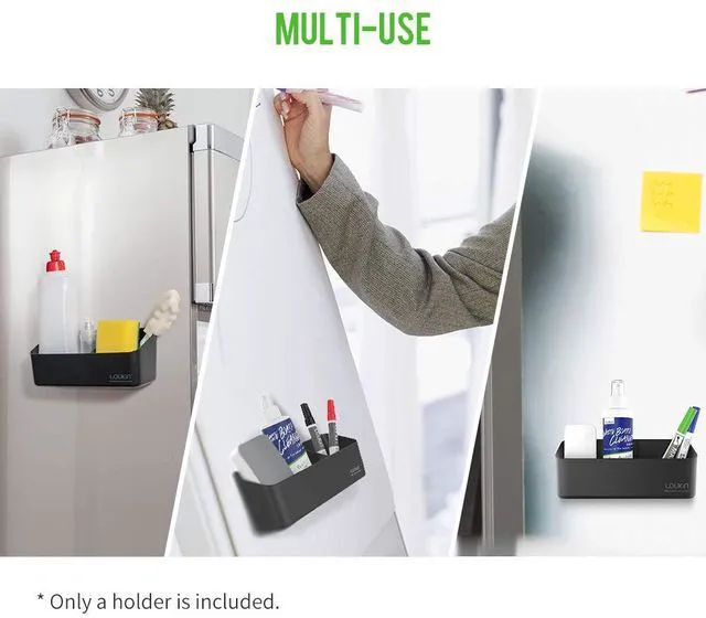 Alt view image 6 of 7 - Magnetic & Adhesive Marker Holder, Whiteboard Accessory Tray, Black 8.6" × 2.7", Holds 4 Erasers and 12 Markers, Supports up to 3.3 lb, 2 Mounting Options, Fits Glass and Refrigerators