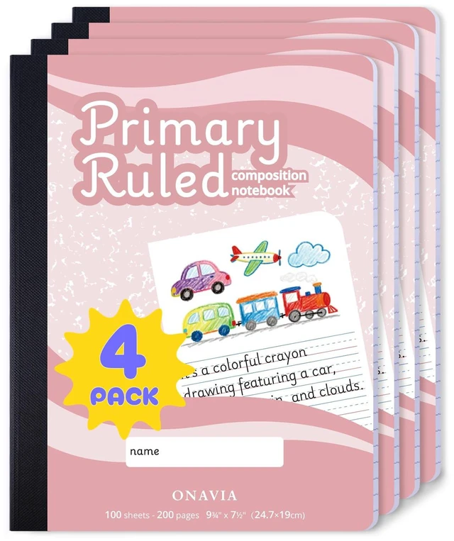 Main image of Pink Primary Composition Notebook 4 Pack, Picture Space, 200 Pages 100 ct, 9.75 x 7.5 in, Primary Journal Grades K-2, Picture Space, Writing Practice, Kindergarten, Notebook for Kids