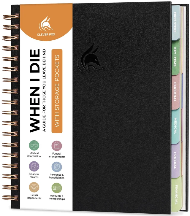 Main image of When I Die Organizer Binder Planner, Folders, 8.5x9.5 Black Final chapter folder with pockets in case I die, Important documents, Estate planning, Final wishes, Labels, Checklists