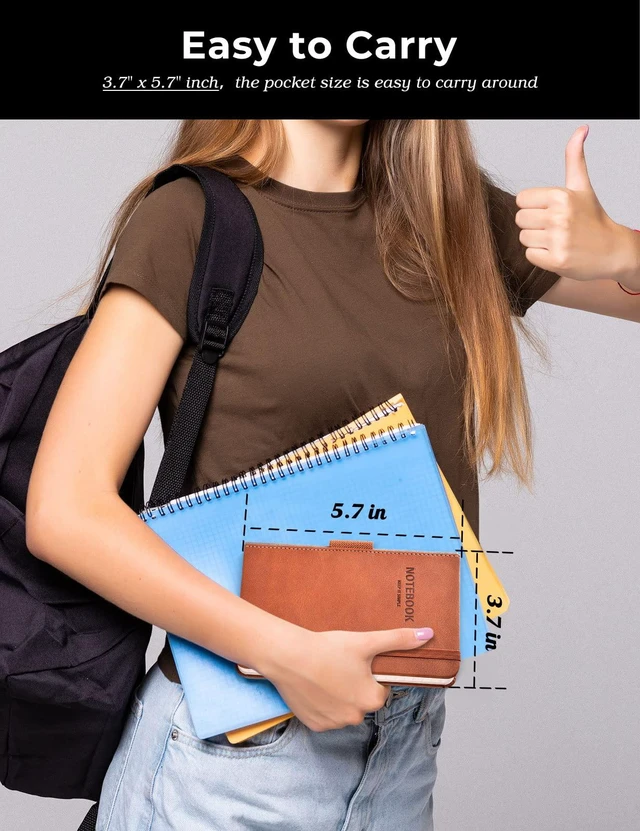 Alt view image 5 of 7 - Pocket Notebook Small Notebook 2-Pack, 3.7" x 5.7" Pocket Notebooks Hardcover with Thick Lined Paper, Inner Pockets, Cover Letter Embossing Design Mini Journal Notepad Brown Leather