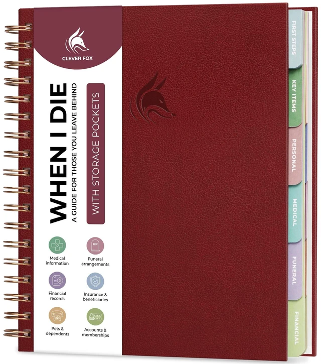 Main image of When I Die Organizer Binder Planner, Folders, 8.5x9.5 Burgundy Final chapter folder with pockets in case I die, Important documents, Estate planning, Final wishes, Labels, Checklists