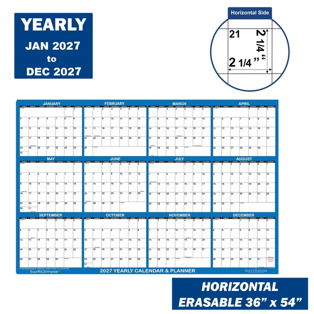 Alt view image 2 of 5 - 36" x 54" SwiftGlimpse 2027 Wall Calendar Erasable XXLarge Wet & Dry Erase Laminated 12 Month Annual Yearly Wall Planner, Reversible, Horizontal/Vertical, Navy