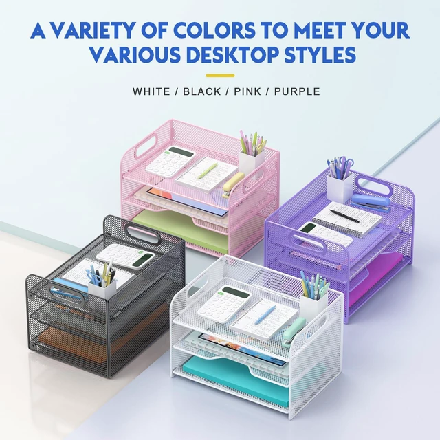 Alt view image 6 of 6 - 3 Tier White Letter Tray Paper Organizer with Handle, Mesh Desk Organizer Paper Sorter File Rack Shelves, White