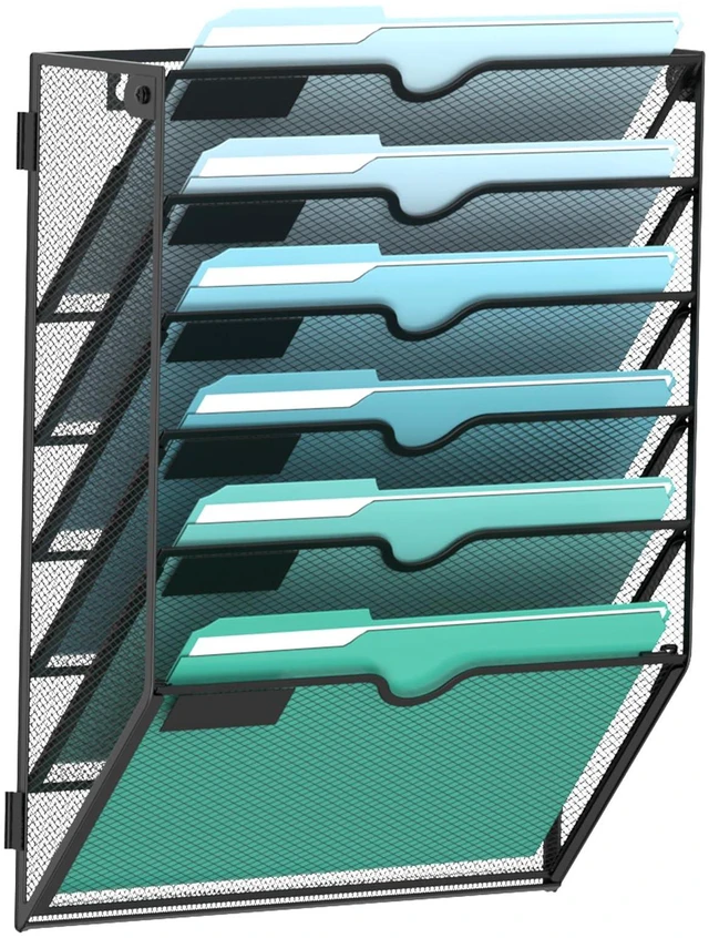 Main image of 6-Tier Wall File Organizer, Hanging File Holder, Wall Mounted Mail Sorter Metal Mesh Hanging File Organizer with Open Compartments and Label Panels for Papers and Folders at Home, Office or School