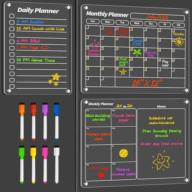 Main image of Magnetic Calendar, Dry Erase Calendar for Fridge, Whiteboard, 3 Pcs Acrylic Calendar for Fridge, Use with Dry Erase Monthly Plans, Meal Notes, Reminders, To Dos and Tasks