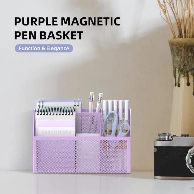 Alt view image 2 of 7 - 3-Grid Magnetic Pencil Holder, Strong Magnet Locker Organizer, Purple Mesh Magnetic Shelf, Marker Holder Perfect for Whiteboard, Refrigerator and Locker Accessories