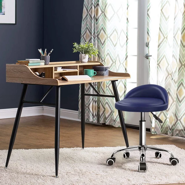 Alt view image 2 of 7 - PU Leather Round Rolling Stool with Back Rest Height Adjustable Swivel Drafting Work SPA Task Chair with Wheels (Blue)