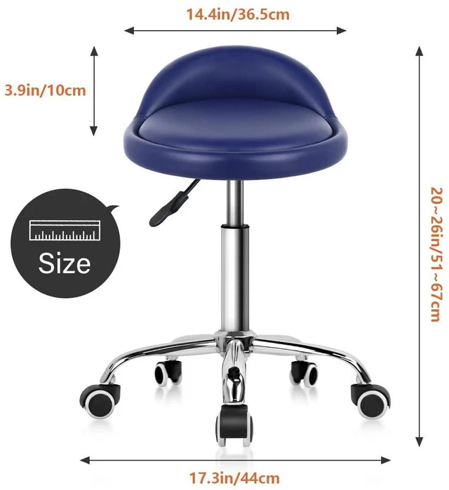 Alt view image 3 of 7 - PU Leather Round Rolling Stool with Back Rest Height Adjustable Swivel Drafting Work SPA Task Chair with Wheels (Blue)