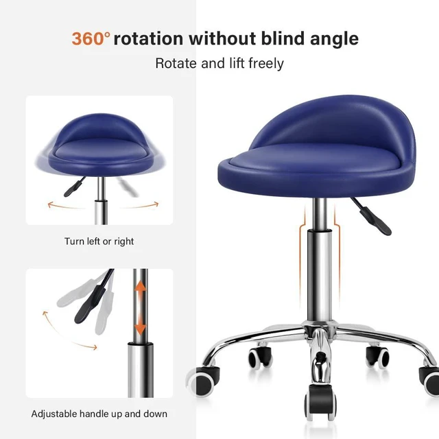 Alt view image 4 of 7 - PU Leather Round Rolling Stool with Back Rest Height Adjustable Swivel Drafting Work SPA Task Chair with Wheels (Blue)