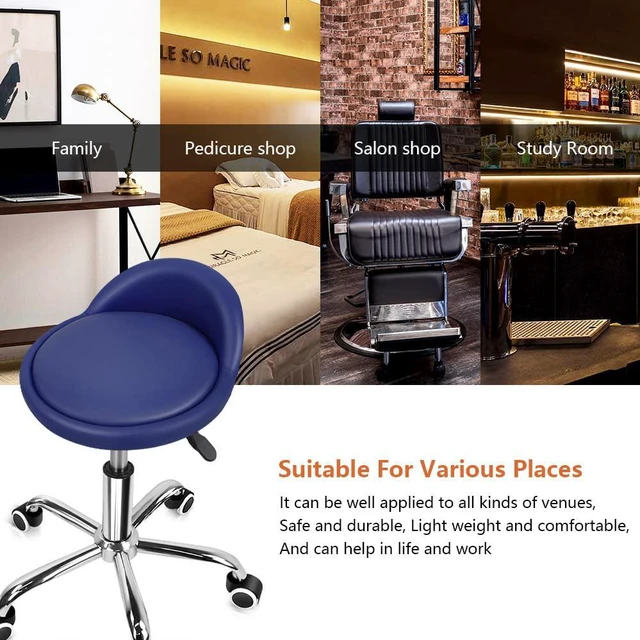 Alt view image 6 of 7 - PU Leather Round Rolling Stool with Back Rest Height Adjustable Swivel Drafting Work SPA Task Chair with Wheels (Blue)