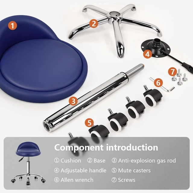 Alt view image 7 of 7 - PU Leather Round Rolling Stool with Back Rest Height Adjustable Swivel Drafting Work SPA Task Chair with Wheels (Blue)