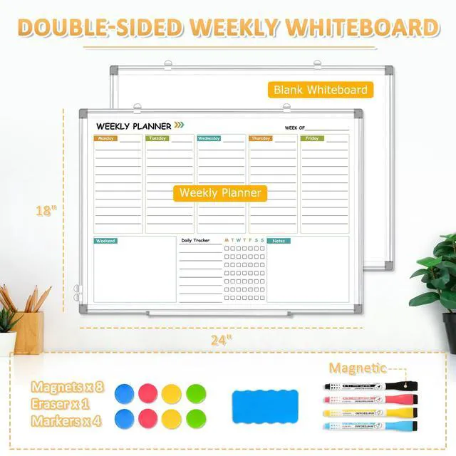 Alt view image 2 of 6 - Weekly Dry Erase Calendar Whiteboard with Corkboard, 24" x 18", Silver Magnetic, White Board Cork Board Combo, Double Sided, Wall Mounted, Aluminum Frame, for Home, Office, Kitchen, Dorm