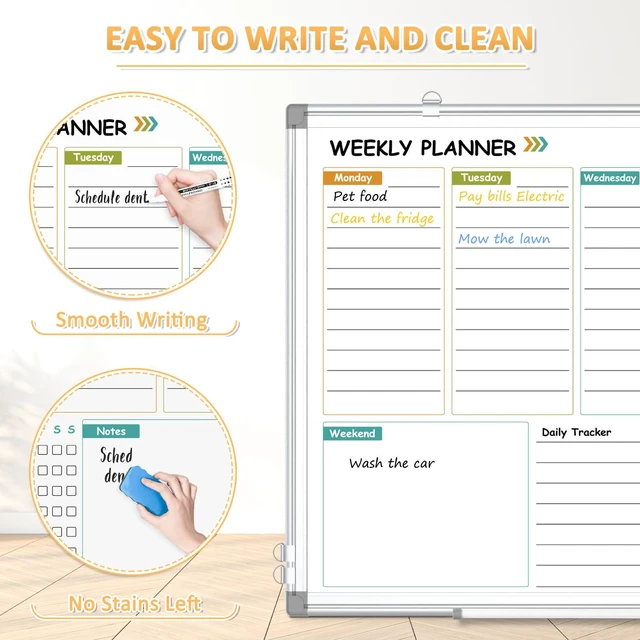 Alt view image 3 of 6 - Weekly Dry Erase Calendar Whiteboard with Corkboard, 24" x 18", Silver Magnetic, White Board Cork Board Combo, Double Sided, Wall Mounted, Aluminum Frame, for Home, Office, Kitchen, Dorm